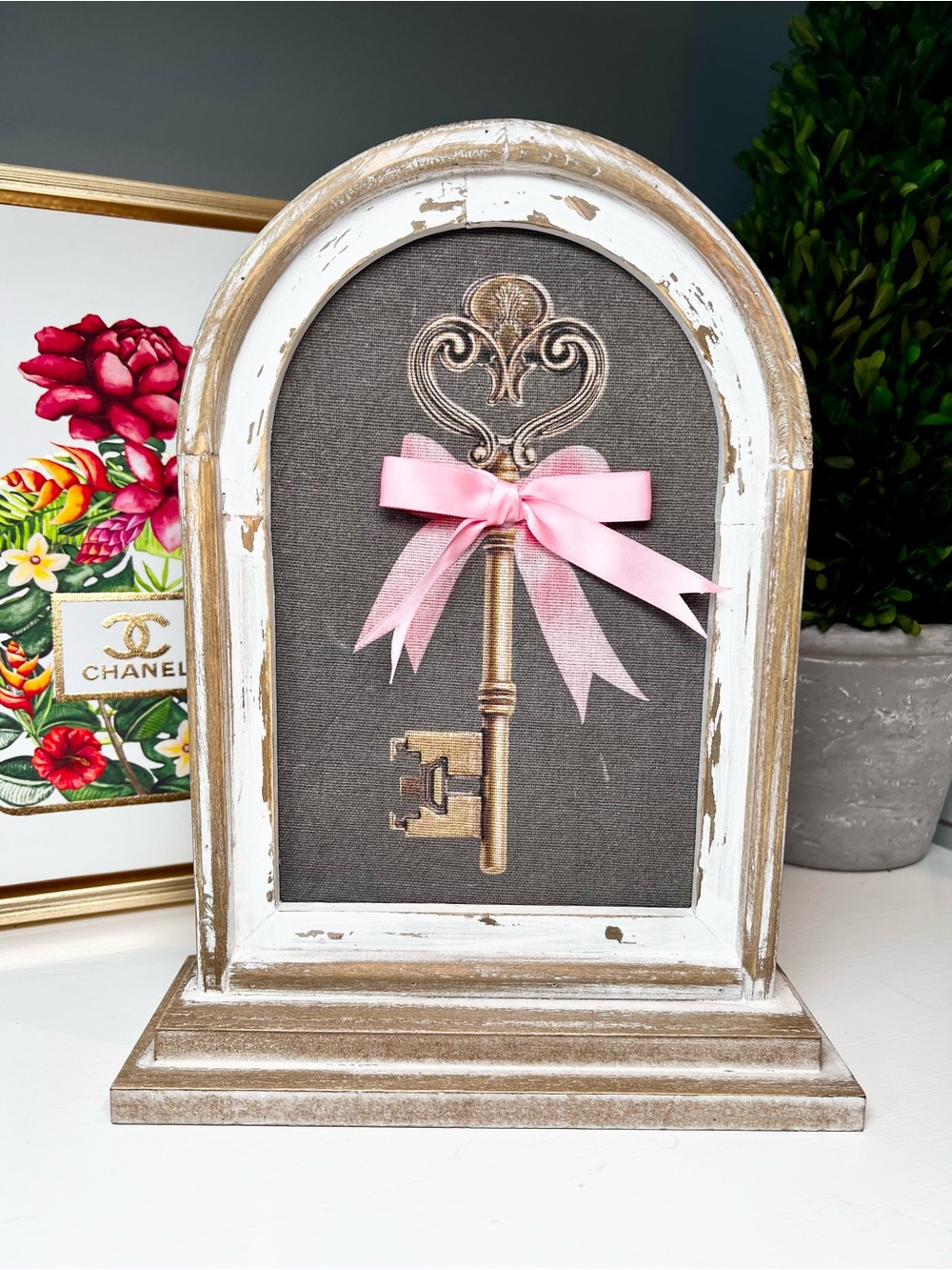 Vintage Inspired Rustic Tabletop Key Accent Pink Bow Girls Room or Breast Cancer